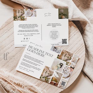 May include: Two rectangular business cards with white backgrounds featuring collage-style photo inserts, placeholder text, and QR codes. The cards display text including HEADLINE TEXT GOES HERE, ADD YOUR REALLY GREAT PROMO OFFER HERE, and contact details.
