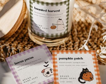 Fall Halloween Candle Label Canva Template – Editable Preppy Gingham Candle Branding, Witchy Autumn