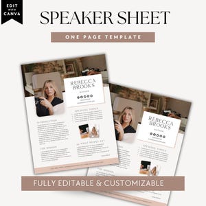 One Sheet Speaker Canva Template, Corporate Speaker Press Kit One Pager, Keynote Author Writer Profile Page, Podcast Guest Sheet Editable