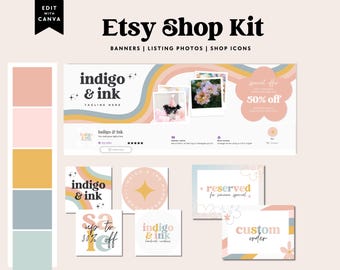 May include: An Etsy Shop Kit design with banners, listing photos, and shop icons. The design features a pastel color palette with the text "Etsy Shop Kit" and "indigo & ink". Includes a "special offer" graphic and "up to 30% off" text.