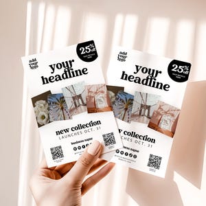 Könnte beinhalten: Zwei weiße Flyer mit dem Text "your headline" und "new collection launches OCT. 31". Jeder Flyer hat einen 25% Rabatt-Aufkleber und einen QR-Code. Die Flyer werden von einer Hand vor hellrosa Hintergrund gehalten.