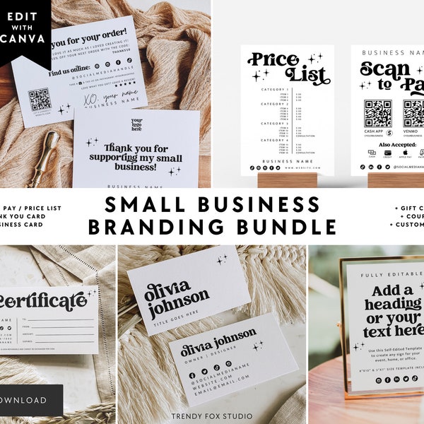 Small Business Branding Bundle Canva Template - Business Card, Scan to Pay Price List, Thank You Card Gift Certificate, Coupon Card | Dani