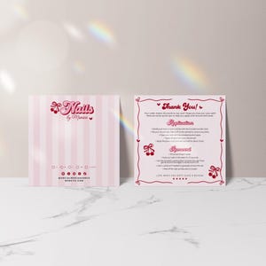 Square Cherry Press On Nails Backing Card Canva Template, Editable Artificial Nails Package Insert Application Removal CB12
