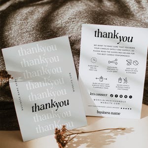 Modern Candle Care Card Canva Template with Icons, Editable Business Thank You, Minimal Candle Business Package Insert Candle Warning - Cove