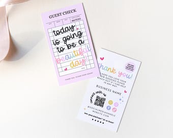 May include: Two rectangular cards with a light purple and white color scheme. One card resembles a guest check with the text today is going to be a beautiful day. The second card features thank you text, a QR code, and social media icons.