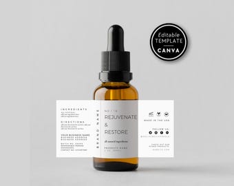 May include: An amber glass dropper bottle with a black cap and a white rectangular label. The label features the text REJUVENATE & RESTORE, NO / 19, and sections for ingredients, directions, and business information. A circular badge reads Editable Template Canva.
