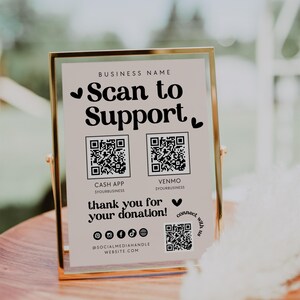 Retro Scan to Support Sign Template, QR Code Sign, Printable Donation Sign, Scan to Donate Sign CashApp Paypal Sign Payment Here Sign - Jace