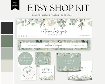 Greenery Etsy Banner Canva Template, Botanical Branches Etsy Store Branding, Editable Etsy Banner Profile Icon Watercolor Leaves Cover -Brie