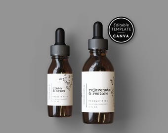 Op de afbeelding: Twee amberkleurige glazen druppelflesjes met zwarte doppen en witte etiketten. Het kleinere flesje is gelabeld Clean & Detox, het grotere Rejuvenate & Restore. Een ronde zwarte badge in de hoek vermeldt Editable Template Canva.