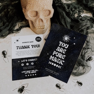 You Are Magic Halloween Business Thank You Card Canva Template, DIY Editable Goth Package Insert, Witchy Moonphase Black Thank You Postcard