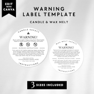 Candle Warning Label Template & Wax Melt Warning Label Template, Wax Melt Safety Label Template, Candle Burning Instruction Sticker Template