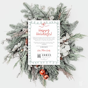 Whimsical Christmas Business Thank You Card Canva Template, Cute Holiday Printable Thanks For Purchase, Wavy Border Package Insert QR code