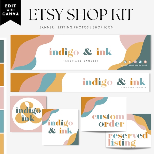 Boho Etsy Shop Kit, Etsy Banner Template, Etsy Store Branding, Editable Rainbow Banner, Colorful Banner, Retro Shop Banner Canva- Arlo