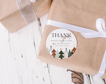 Christmas Thank You Sticker Canva Template, Business Holiday Round Packaging Box or Tissue Seal