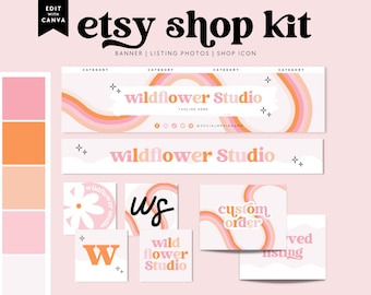 Rainbow Etsy Shop Template Kit Canva, Pastel Etsy Banner, Retro Daisy Shop Branding, Etsy Store Logo Banner, DIY Etsy Store Branding - Lark