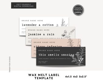 May include: A stack of four rectangular wax melt labels with floral illustrations and text. The labels are in various colors: white, beige, peach, and black. The text includes "lavender & cotton", "jasmine & rain", "citrus infusion", and "this smells amazing".