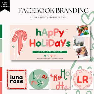 May include: A Facebook branding design with a festive holiday theme. The design features the words "Happy Holidays" in red and green, a pink bow, and several profile icon options. The color palette includes shades of green, pink, and red.