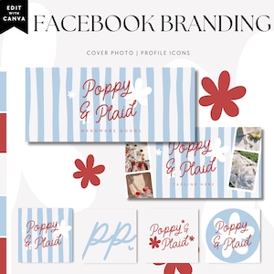 Puede incluir: Un conjunto de diseño gráfico para la marca de Facebook, con el texto "Poppy & Plaid" en una fuente caprichosa. El diseño incluye fotos de portada, iconos de perfil y una paleta de colores azul claro, rojo y blanco.