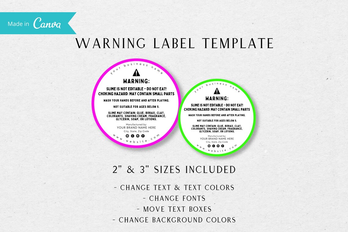 Round Slime Warning Label Template Editable Slime | Etsy Canada