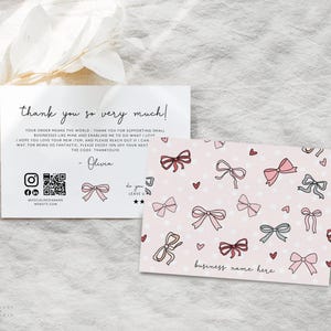 Coquette Bows Business Thank You Card Canva Template, QR Code Editable Pink Ribbons Customer Thank You Business Packaging Printable Insert