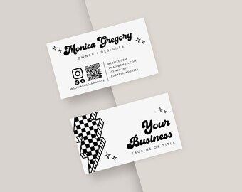 May include: Two white business cards with black text and graphics. One card displays the name Monica Gregory, owner and designer, with a QR code and contact details. The other card features a checkered lightning bolt graphic and the text Your Business.