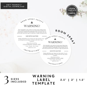 Room Spray Warning Label Template, Digital Download, Editable 2&quot; Round Linen Spray Safety Sticker, DIY Warning Label Sticker Template Canva
