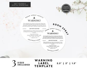 Room Spray Warning Label Template, Digital Download, Editable 2" Round Linen Spray Safety Sticker, DIY Warning Label Sticker Template Canva