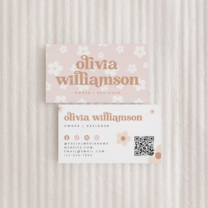 Retro Business Card Canva Template QR Code, Printable Groovy Daisy Business Card, Editable QR Code Business Card, Scannable Card - Dani