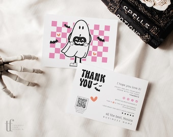 Retro Ghost Checkered Halloween Business Thank You Card Canva Template, Editable Order Insert Postcard