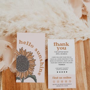 Editable Sunflower Business Thank You Card Canva Template, Printable Retro Thanks For Your Purchase, Boho Sunshine Customer Thank You 2x3.5"