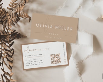 Boho Business Card Template, Printable Neutral Business Card Design with QR Code, Bohemian Editable Business Card Canva Template - Cailin