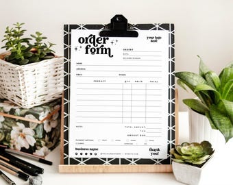 Puede incluir: Un formulario de pedido en blanco y negro sobre un portapapeles con un patrón geométrico. El formulario incluye campos para detalles del pedido, información del cliente, listas de productos, métodos de pago y un agradecimiento.