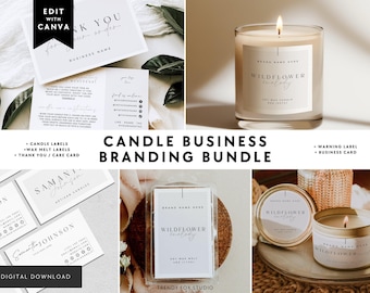May include: A candle business branding bundle featuring a thank you card, a glass jar candle with a white label, business cards with black text, a soy wax melt in clear packaging, and a gold tin candle with a matching white label.