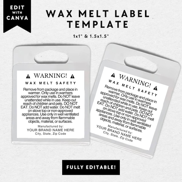 Wax Melt Sampler Warning Label Canva Template, 1oz Clamshell Single Cube Wax Tart Burning Instructions Label, Wax Melt Safety Label Template