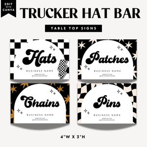 Trucker Hat Bar Table Signs Canva Template, Editable Hat Bar Printable Sign, Table Top Place Cards, Trucker Hat Signage Template - DC35DC35