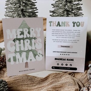 Retro Holiday Business Thank You Card Canva Template, Printable Christmas Thanks For Your Purchase Card, Package Insert Groovy Christmas image 4