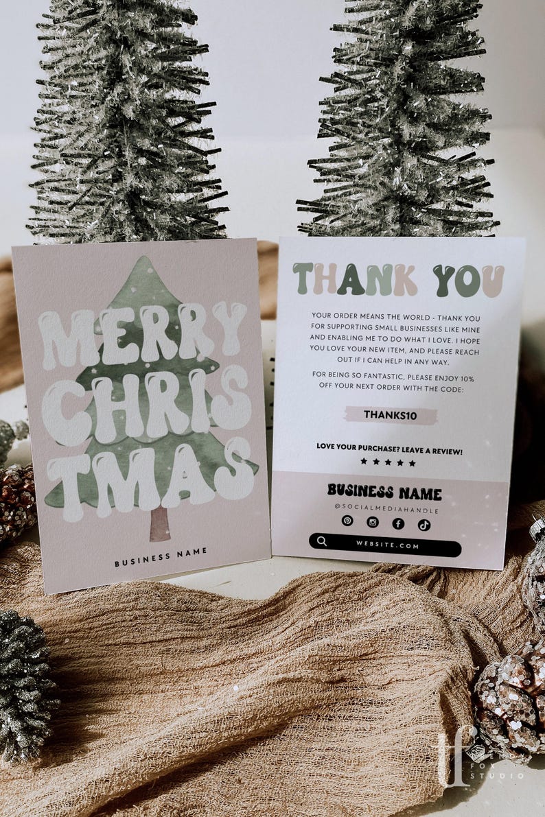 Retro Holiday Business Thank You Card Canva Template, Printable Christmas Thanks For Your Purchase Card, Package Insert Groovy Christmas image 4
