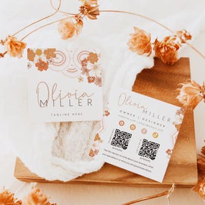 Boho Business Card Template QR Code, Floral Printable Square Business Card Design, DIY Business Branding, Editable Canva Template - Lila