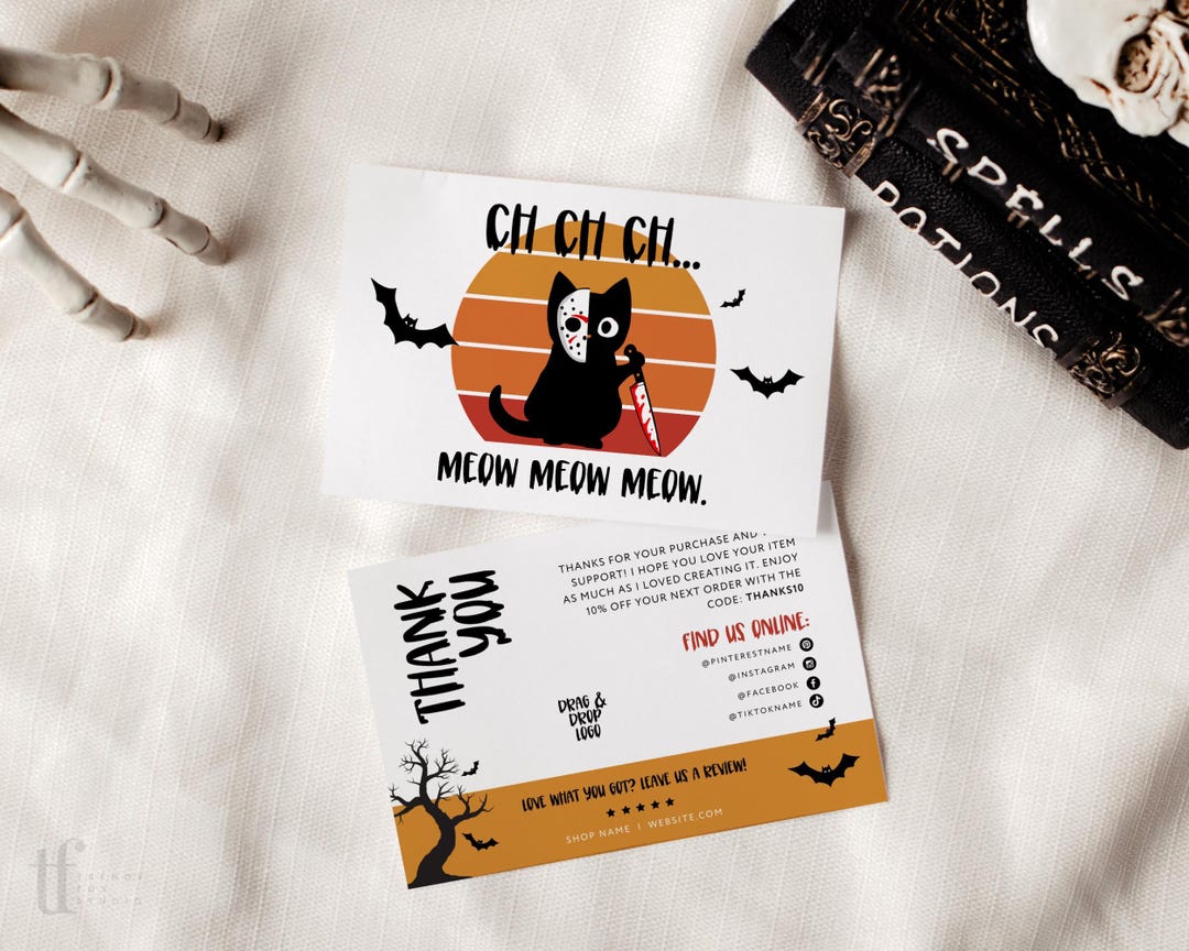 Horror Halloween Business Thank You Card Canva Template, Editable Cat ...