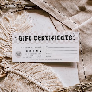 Retro Gift Certificate Canva Template, DIY Printable Gift Voucher Certificate, Editable Gift Card Spa Salon, Cute Preppy Checkered - Millie