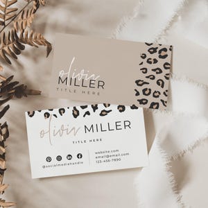 Sjabloon Leopard-visitekaartje, ontwerp afdrukbaar visitekaartje, doe-het-zelf-visitekaartje, bedrijfsbranding, bewerkbare digitale CanvaTemplate - Ellie
