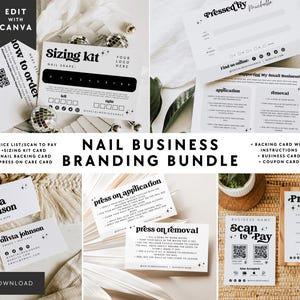 Artificial Nail Business Branding Bundle Canva Template - Nail Sizing, Backing Card, Application Instructions, Business Card, Signage - Dani
