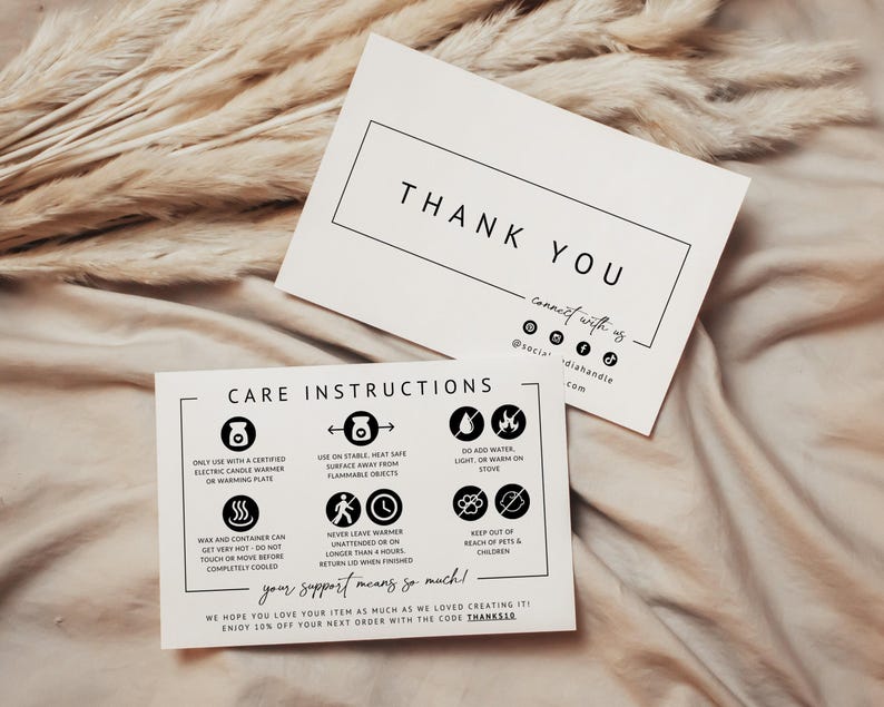 Modern Wickless Candle Care Card Template with Icons, Candle Instructions, Editable Thank You Card, Candle Business Package Insert - April image 1