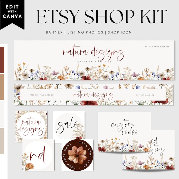 Boho Etsy Shop Kit, Etsy Banner Template, Etsy Store Branding, Editable Etsy Store Banner, Flower Shop Banner, Etsy Shop Icon Profile - Gwen