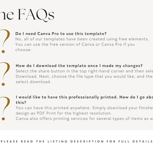 The image contains three questions and their corresponding answers related to the use of a template, how to download a template once it has been made changes, and how to have a professionally printed design. The questions and answers are presented in a clear and concise manner, without any redundancy or vague wording.