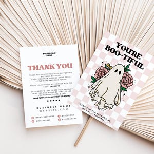 Editable Spring Summer Floral Ghost Small Business Thank You Card, Printable Retro Thanks For Your Purchase Card, Cute Package Insert Card