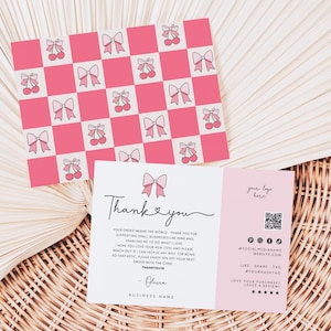 Coquette Cherries and Bows Retro Business Thank You Card Canva Template, Editable Pink Ribbons Customer Thank You Business Packaging Insert