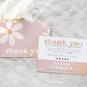 Editable Retro Daisy Small Business Thank You Card Canva, Printable Pastel Thanks For Your Purchase Card Cute Business Package Insert - Ruby