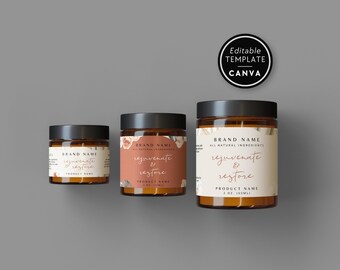 May include: Three amber glass jars with black lids and cream-colored labels featuring the text "BRAND NAME," "ALL NATURAL INGREDIENTS," "rejuvenate & restore," and "PRODUCT NAME." A circular badge in the corner reads "EDITABLE TEMPLATE CANVA."