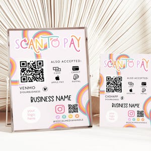 Rainbow Scan to Pay Sign QR Code Sign Template Canva, Printable Payment Sign, Editable Accepted Payments Sign, CashApp Venmo Sign - Amara